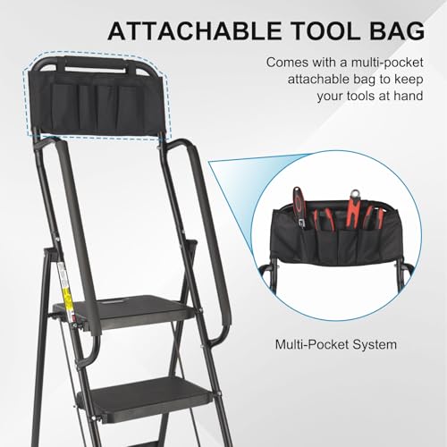 3 Step Folding Step Ladder with Handrails, 500 Lbs Capacity, Black S63073