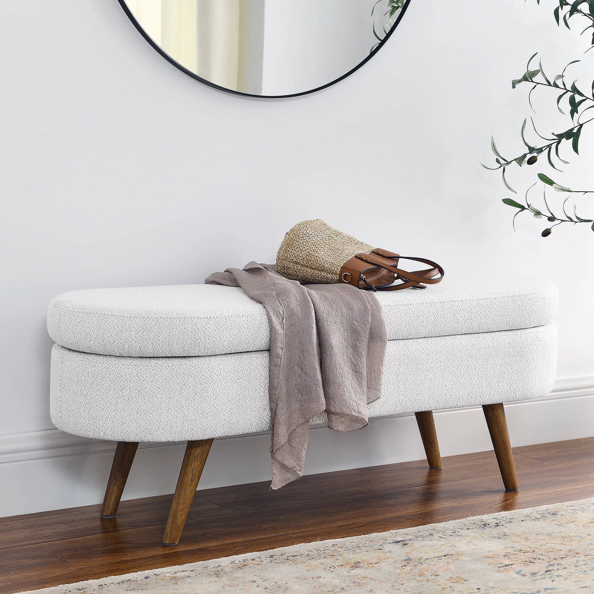 White Oval Storage Ottoman Bench with Rubber Wood Legs J889580
