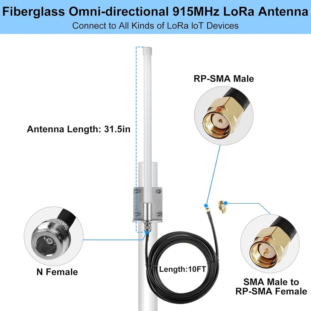 5.8 dBi Omni-Directional Fiberglass LoRa Antenna with 10ft Coaxial Cable U9161