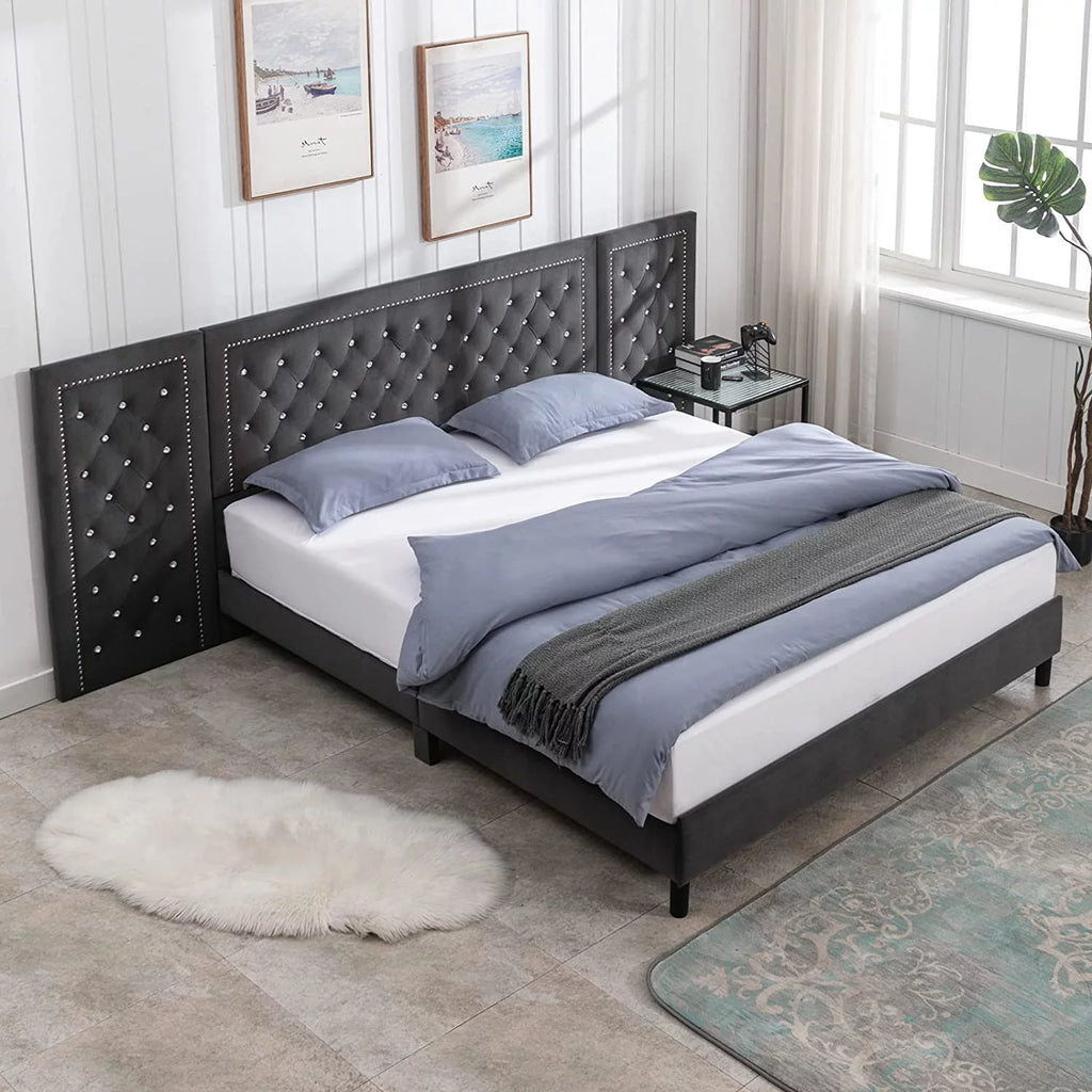 Dark Grey Velvet Upholstered Queen Size Bed Frame B363965