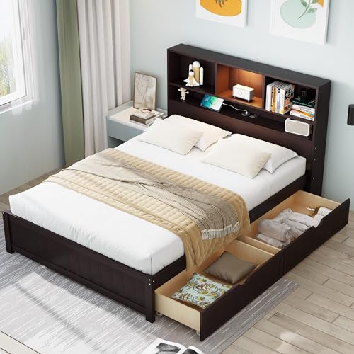 White Wood Twin Bed Frame with Bookcase Headboard and Storage Drawers R95395