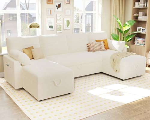 White Sherpa Sofa Bed with Storage Chaise F5928
