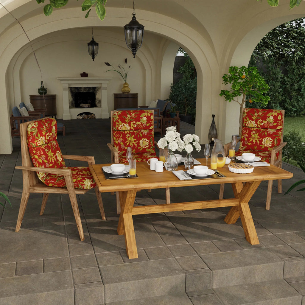Red Floral Rectangular Outdoor Chair Cushion with Ties M7551