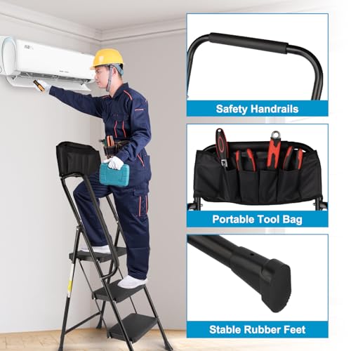 3 Step Folding Step Ladder with Handrails, 500 Lbs Capacity, Black S63073