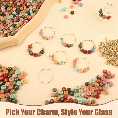 60 Set DIY Wine Glass Charms with Letter Beads, Gold Bead Charms and Rings A7254