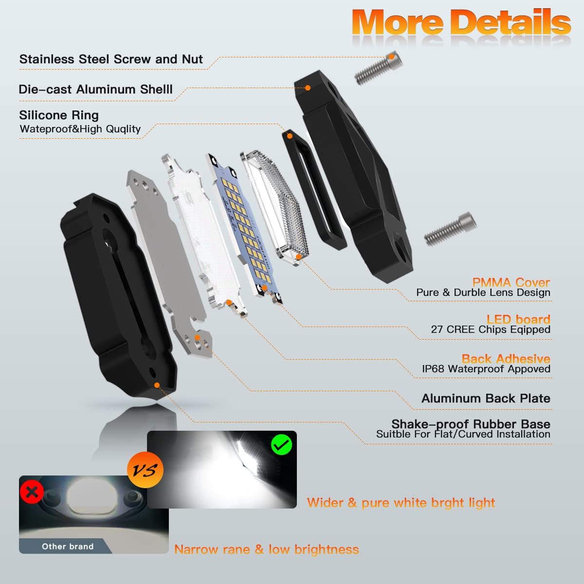 4Pods LED Rock Lights White with 23FT Harness Switch Fuse kit R565