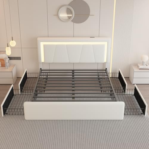 White Full Size Upholstered Platform Bed Frame with 4 Storage Drawers E290505