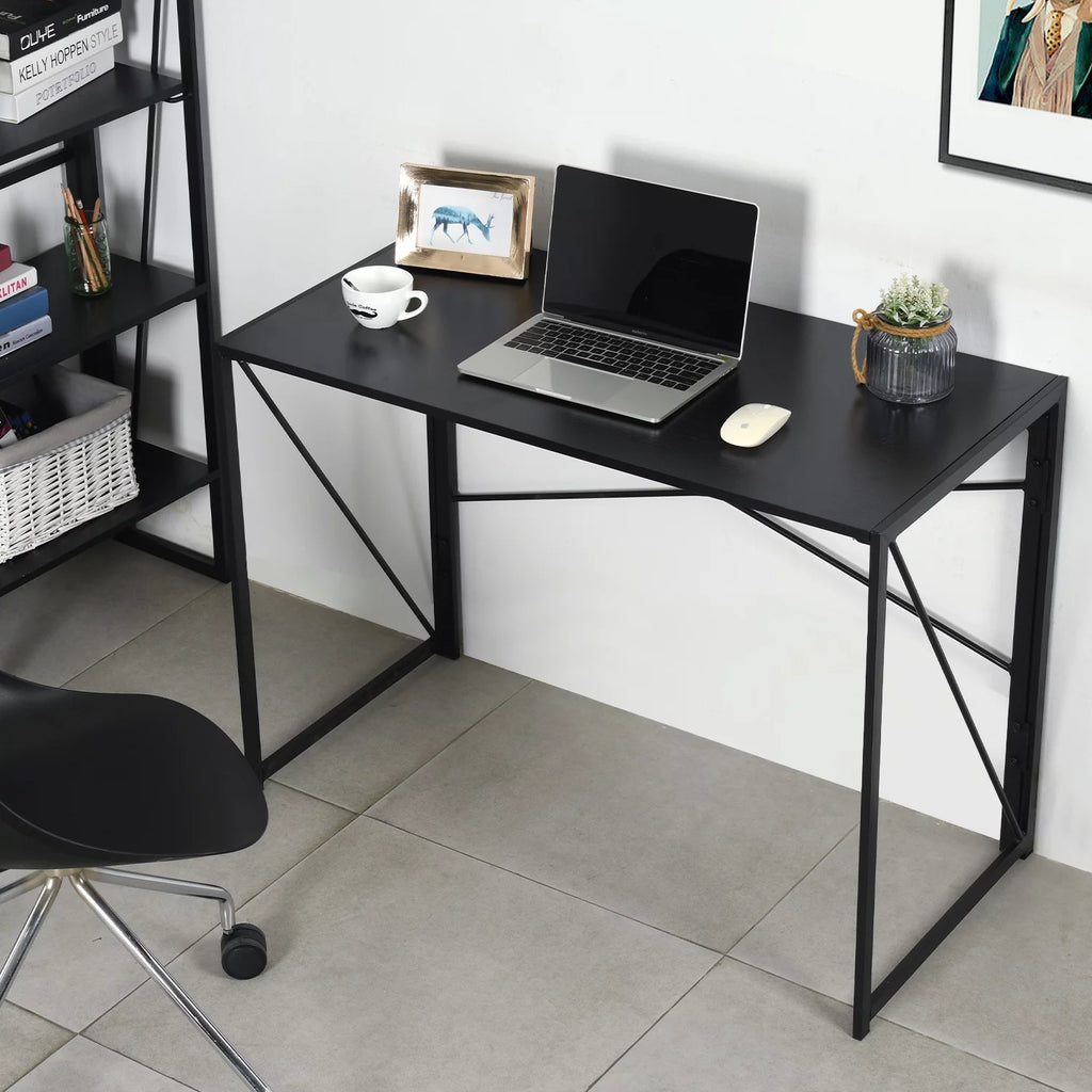 39.4-inch Black Folding Desk with Metal Frame and Wood Top O53351