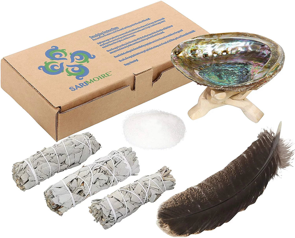 White Sage Smudge Sticks with Abalone Shell Tripod Stand Feather and White Sand R548