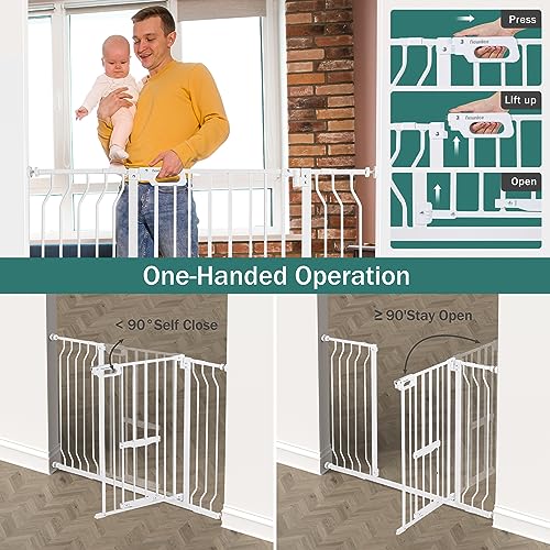 White 33" Tall Extra Wide Auto Close Walk Thru Safety Gate with Small Pet Door M45595