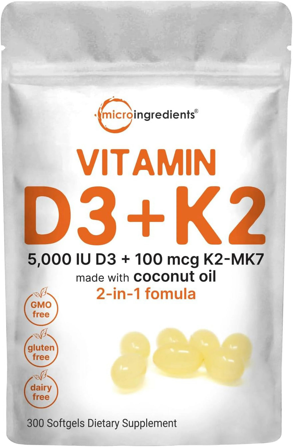 300 Soft-Gels Vitamin D3 5000 IU with K2 100 mcg V25826
