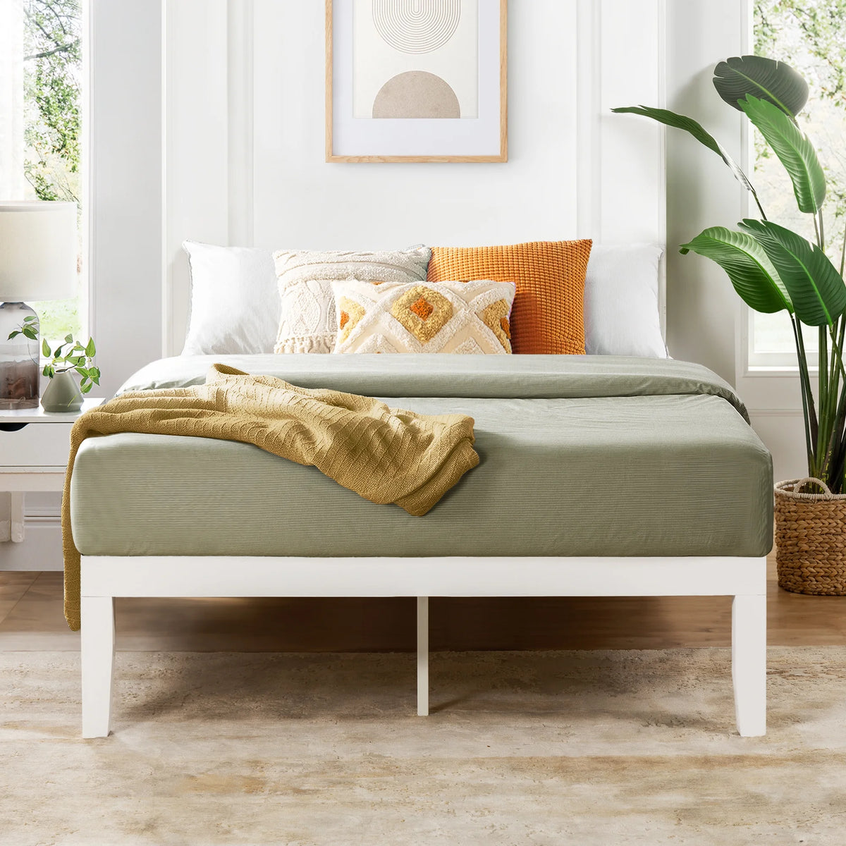 White Full Solid Wood Platform Bed with Wooden Slats I68602