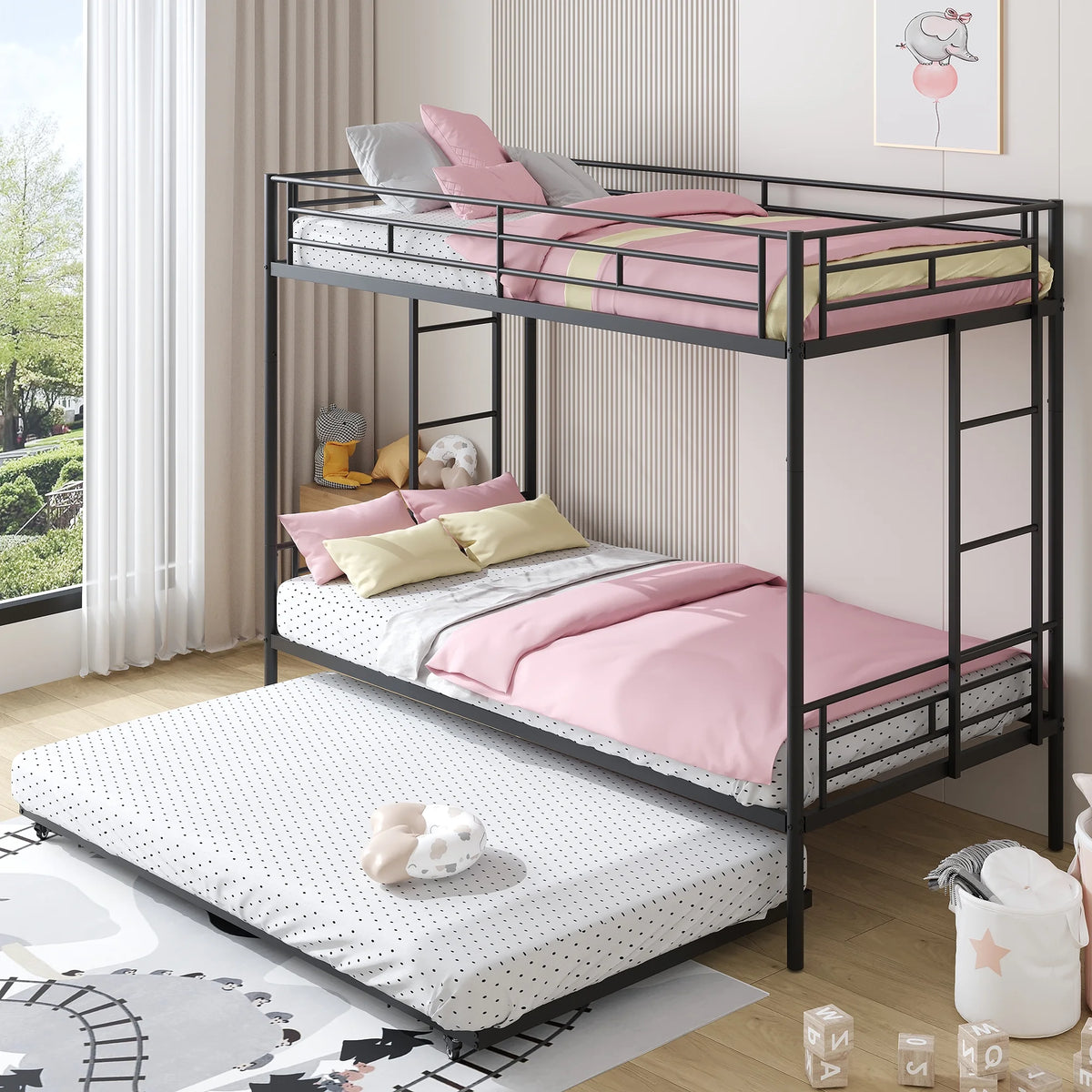 Black Metal Twin Over Twin Bunk Bed with Trundle D59553