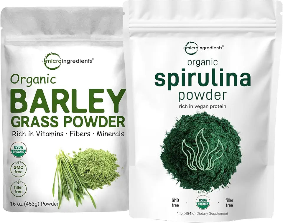 Organic Spirulina Powder 1lb & Barley Grass Powder 16oz 2 Pack M22539