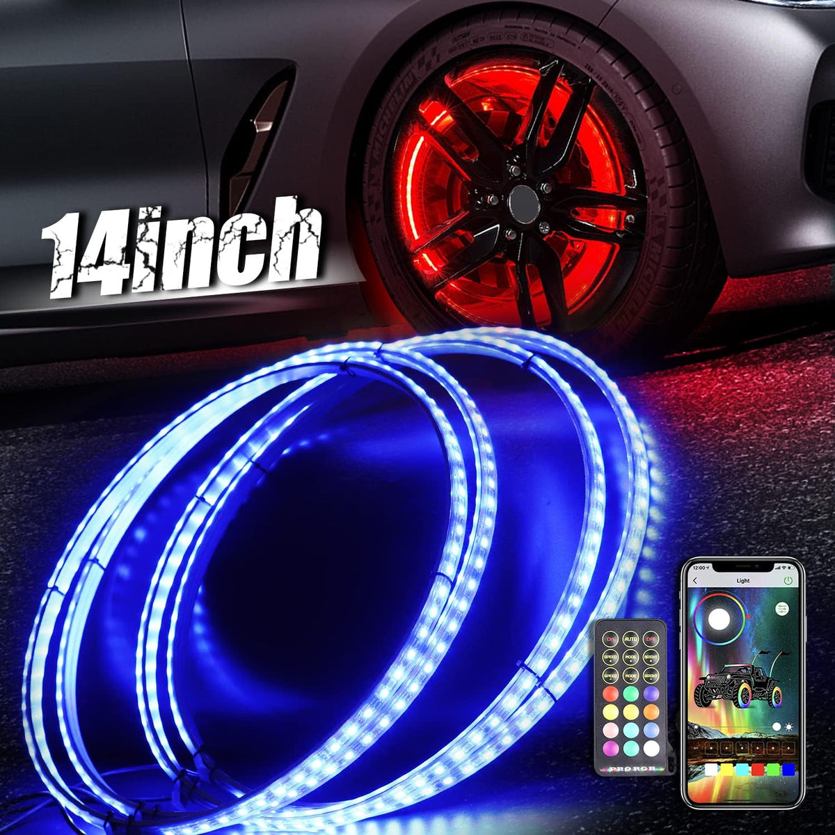 4PCS 14inch RGB LED Wheel Ring Light Kit Bluetooth Control with Turn Signal and Braking Function Double Row X781
