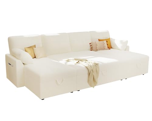 White Sherpa Sofa Bed with Storage Chaise F5928