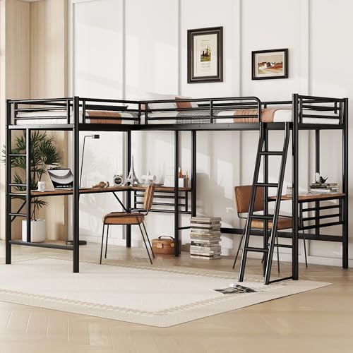Black Metal Twin Size L-Shaped Loft Bed with Two Built-in Desks Q586033