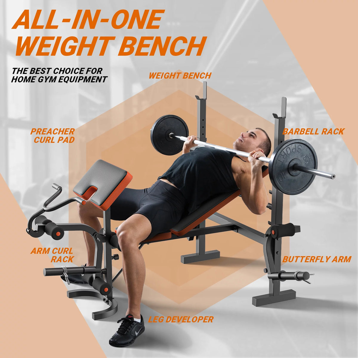 660lb 6-in-1 Adjustable Weight Bench with Barbell Rack and Leg Developer P3109