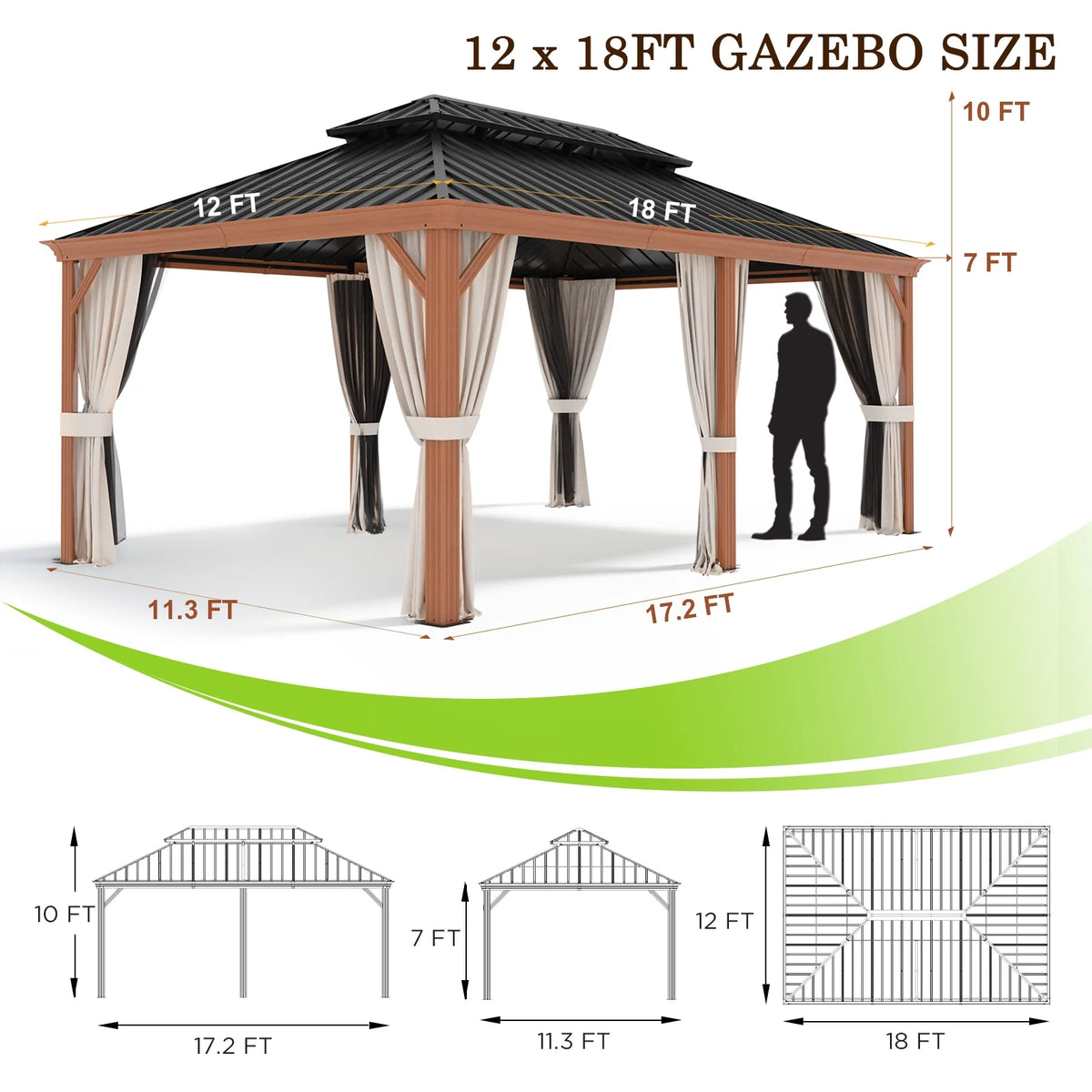12x18 FT Hardtop Gazebo with Textilene Nettings and Curtains N765989