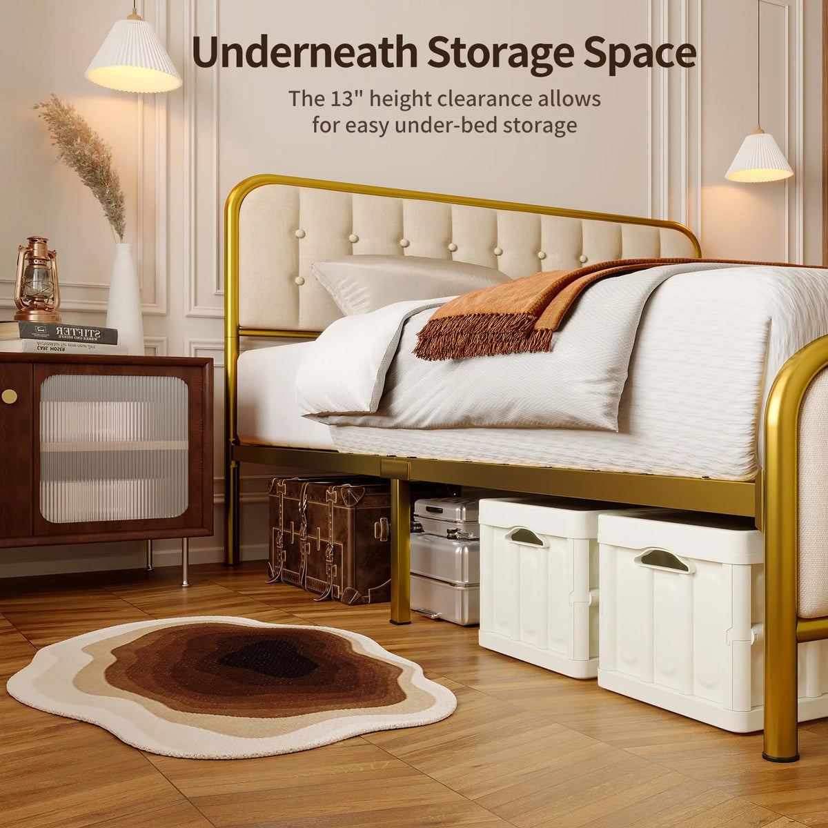 Beige Full Size Bed Frame with Headboard V299651