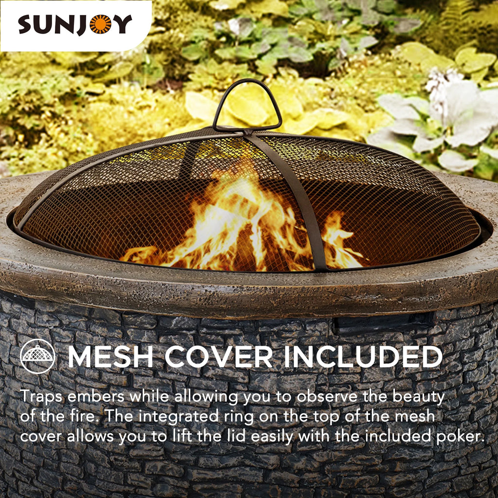 32 in. Stone Wood Burning Fire Pit with Steel Mesh Spark Screen and Fire Poker Q2921