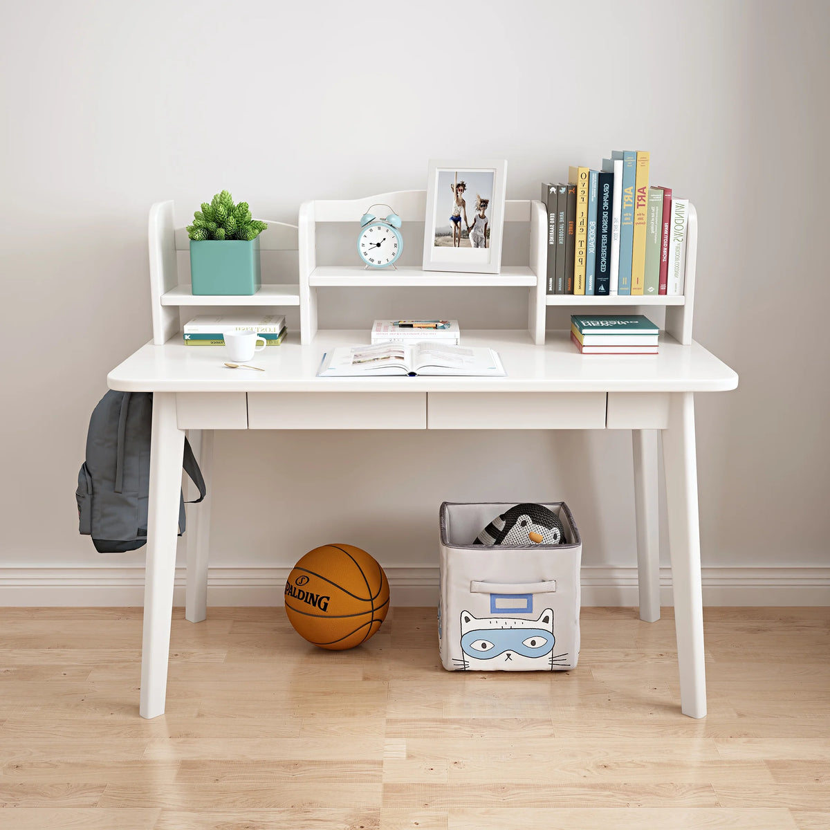 White Wooden Kid's Desk with Drawers and Bookshelf F913
