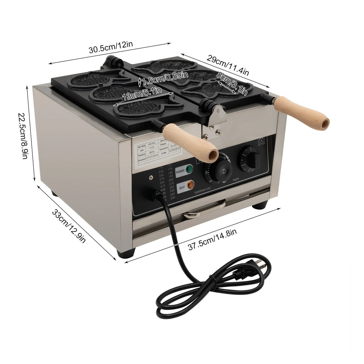 Nonstick Stainless Steel Fish Shape Waffle Maker 110V 1500W 3 PCS I3420