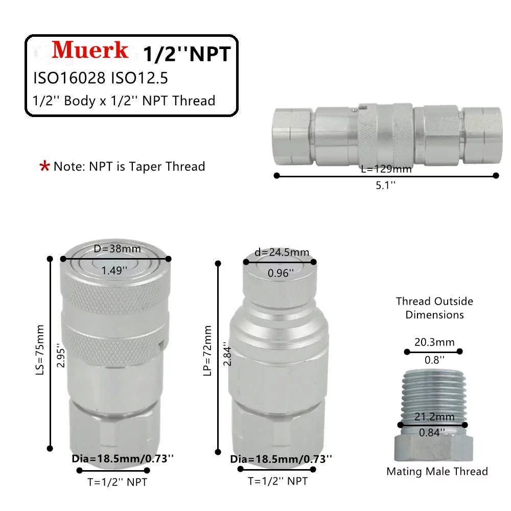 1/2" NPT Flat Face Hydraulic Quick Connect Couplers Set with Dust Caps D53632