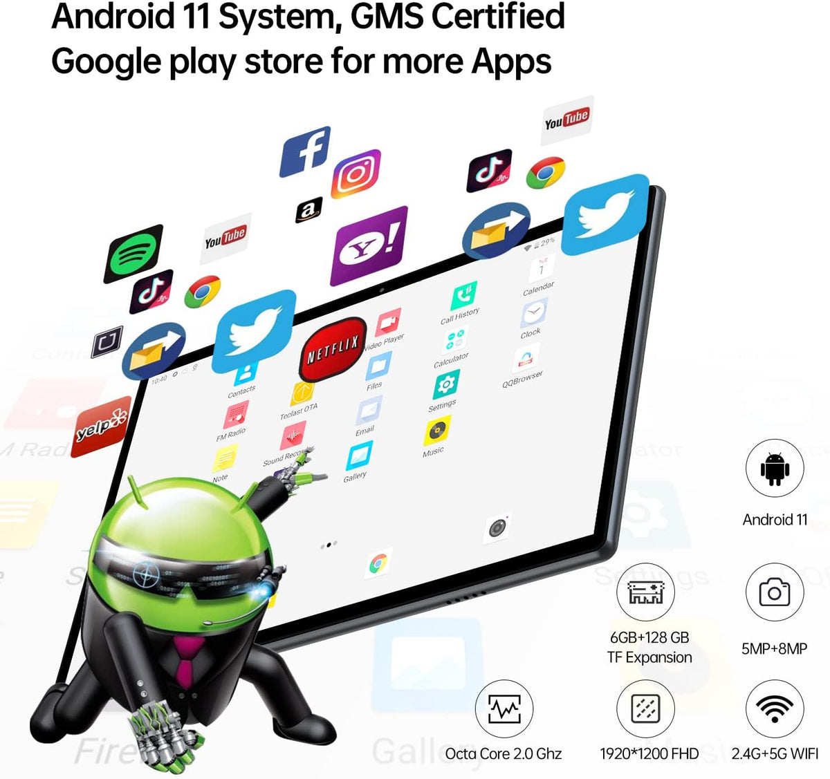 10 inch Android 11 Tablet, 6GB RAM 128GB ROM, Octa Core, 7000mAh, 1920x1200 FHD, Dual Camera U861194