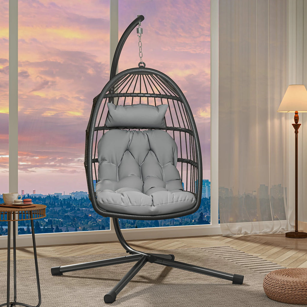 Hanging Egg Swing Chair with Stand Wicker Dark Gray S79182