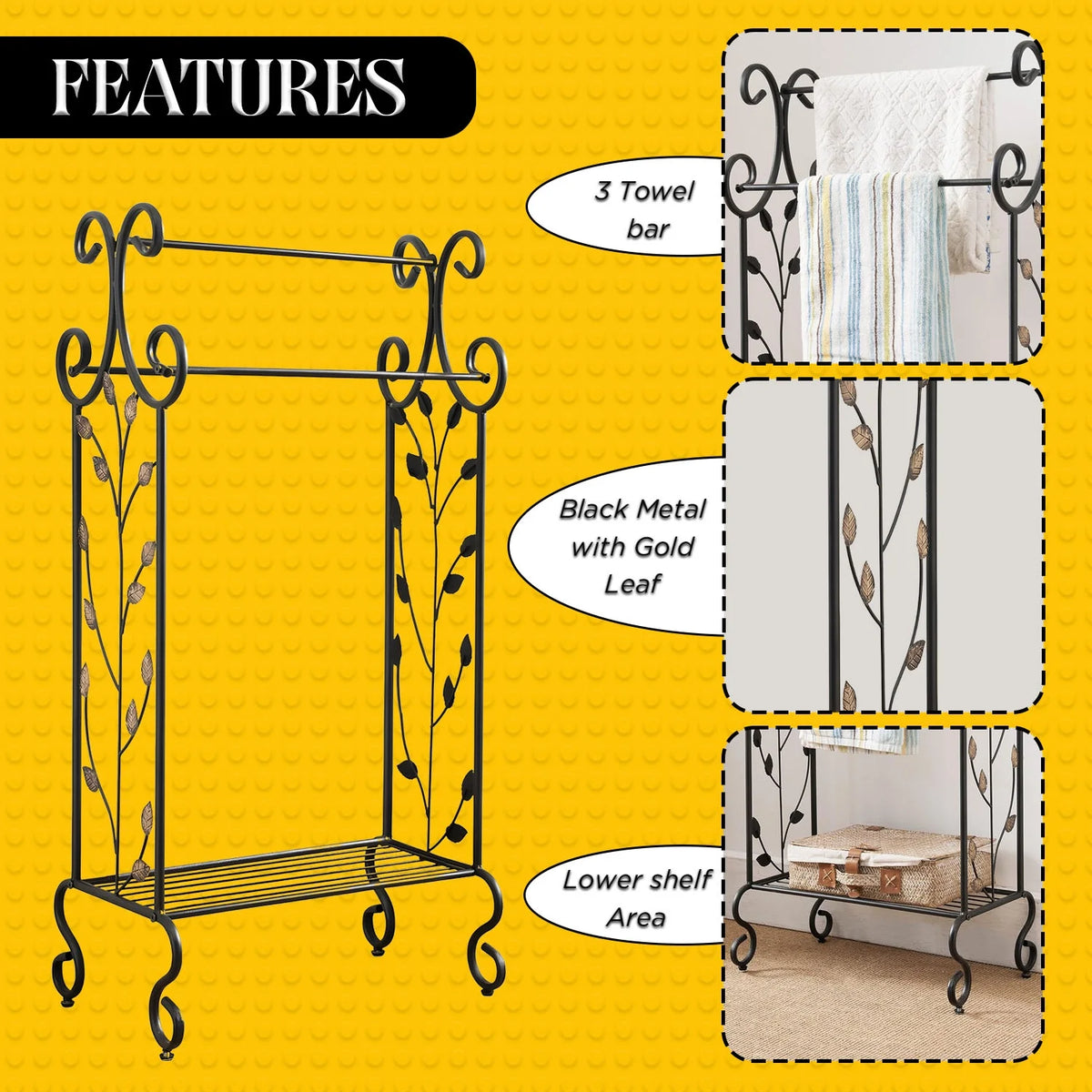 Black Metal Towel Rack Stand with Shelf H38023