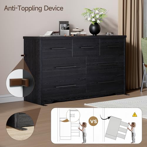 Black 7 Drawer Wood Dresser with Metal Handles I7655