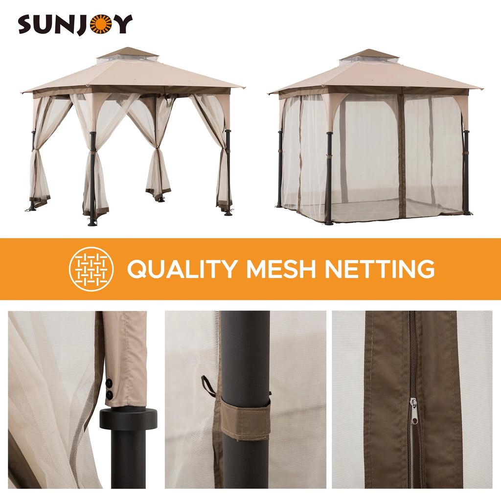 Tan and Brown Steel Frame Outdoor Patio Gazebo with Netting Q979