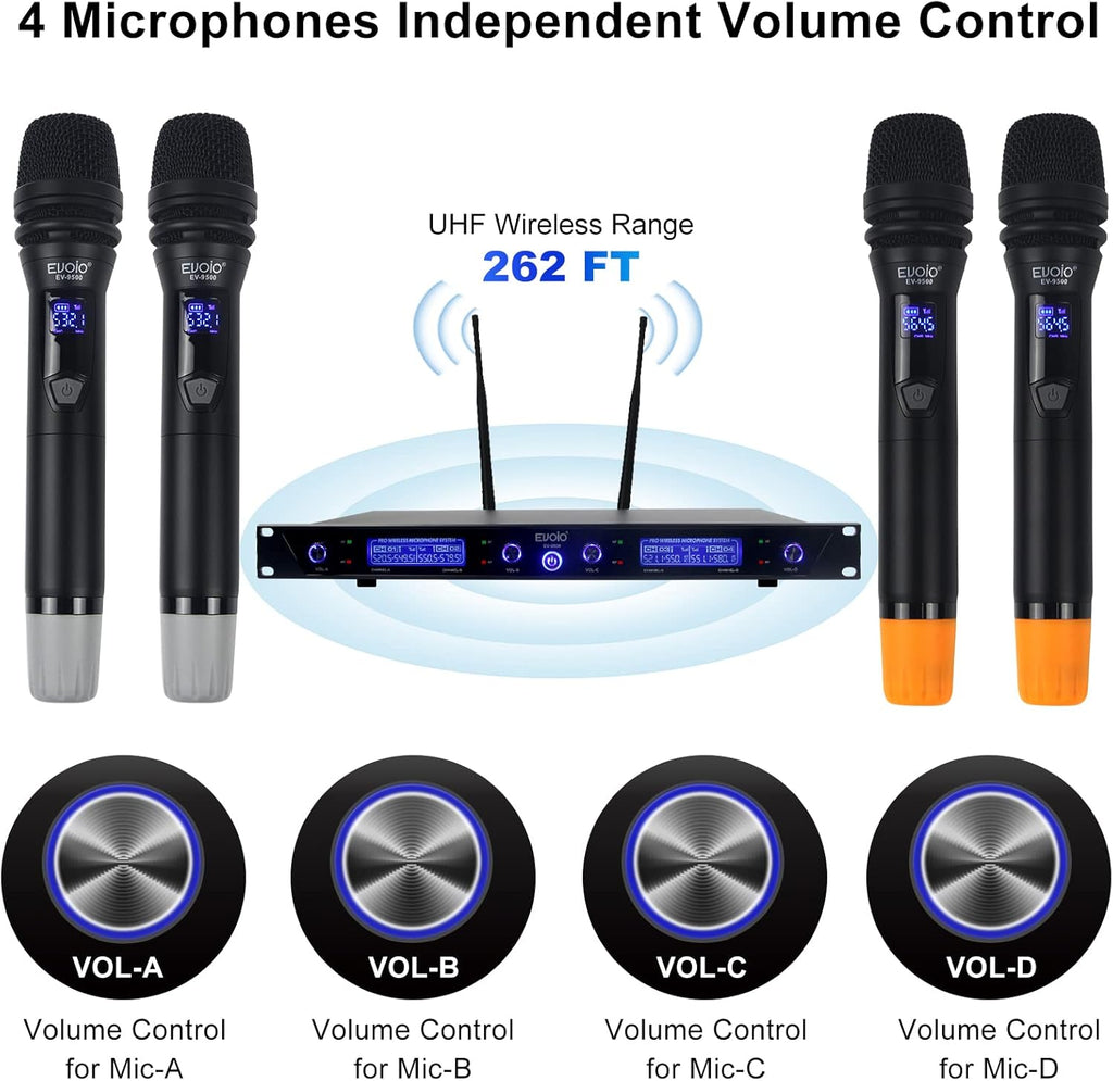 4 Adjustable Channel UHF Wireless Microphone System with 4 Metal Handheld Mics D363