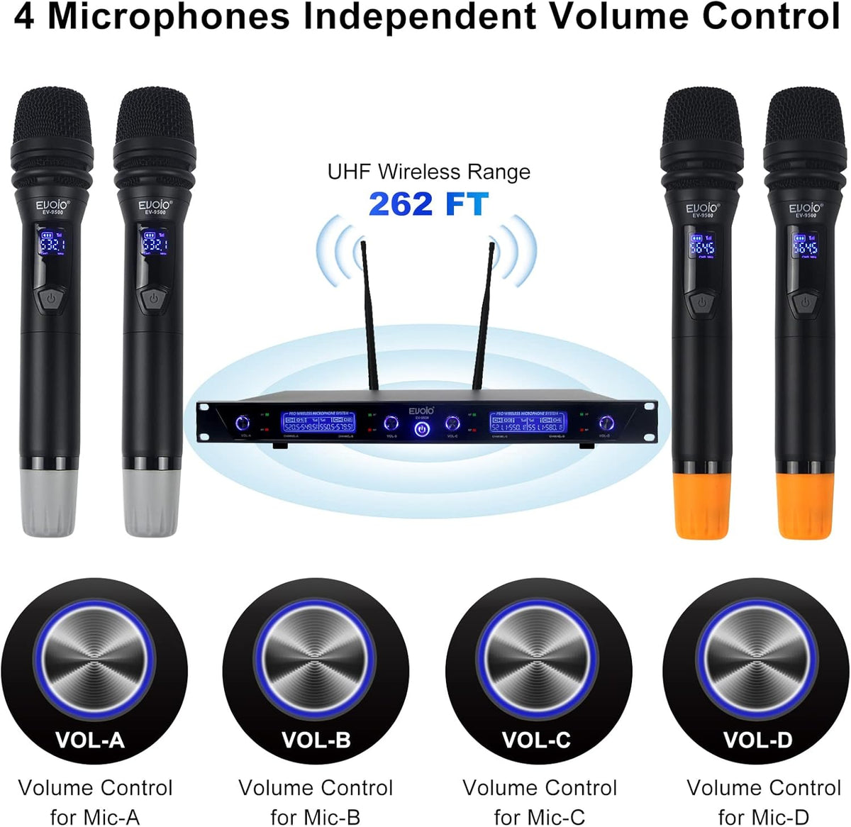 4 Adjustable Channel UHF Wireless Microphone System with 4 Metal Handheld Mics D363