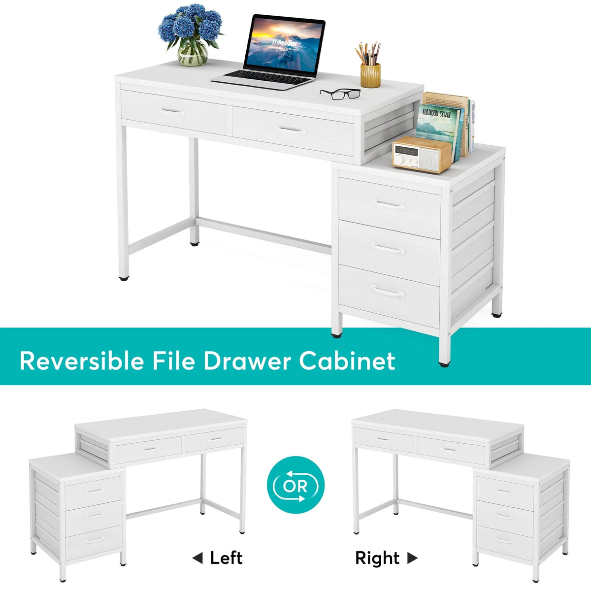White 5 Drawers Computer Desk with Reversible Filing Cabinet X645940