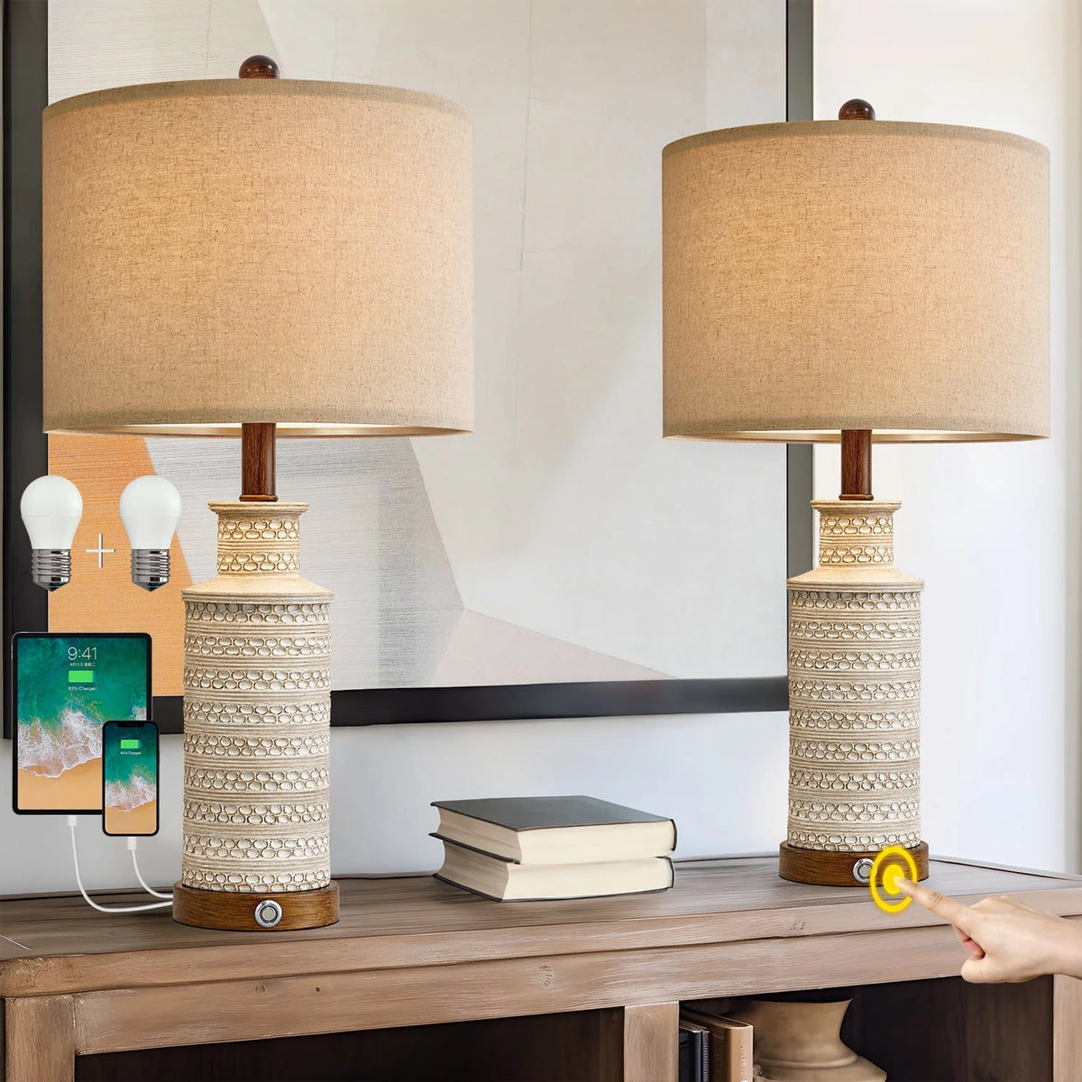 3 Way Dimmable Table Lamp Set of 2 with USB Ports G739522
