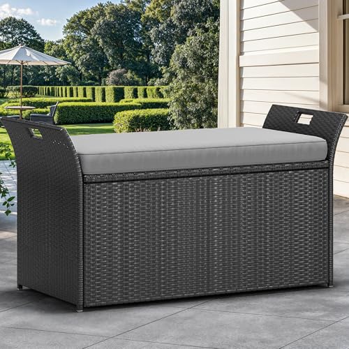 Black Beige 90 Gallon Outdoor Wicker Storage Bench with Cushion V2504
