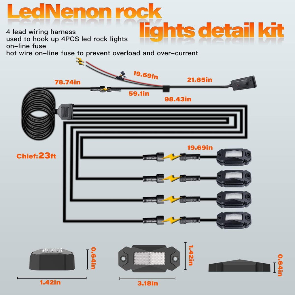 4Pods LED Rock Lights White with 23FT Harness Switch Fuse kit R565