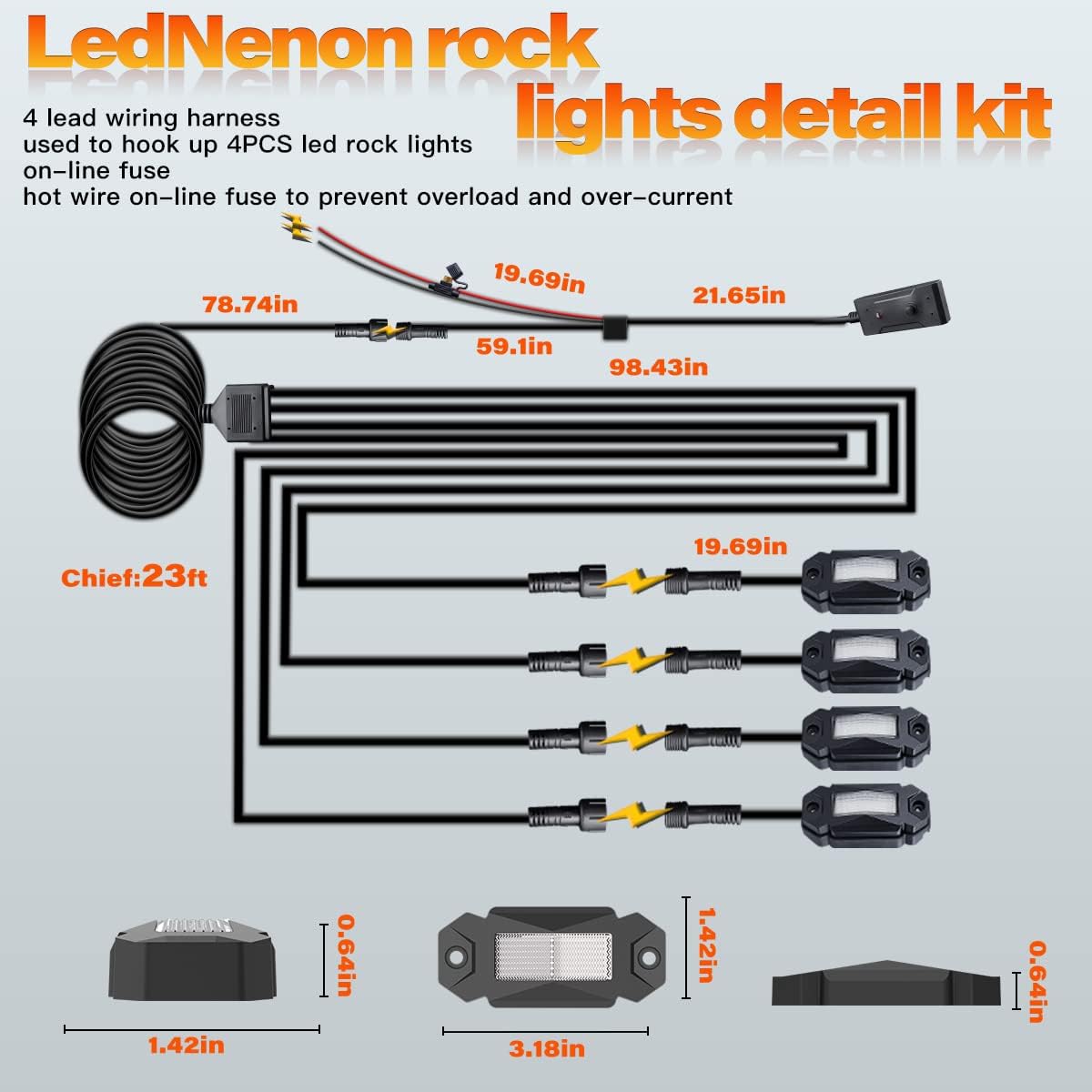 4Pods LED Rock Lights White with 23FT Harness Switch Fuse kit R565