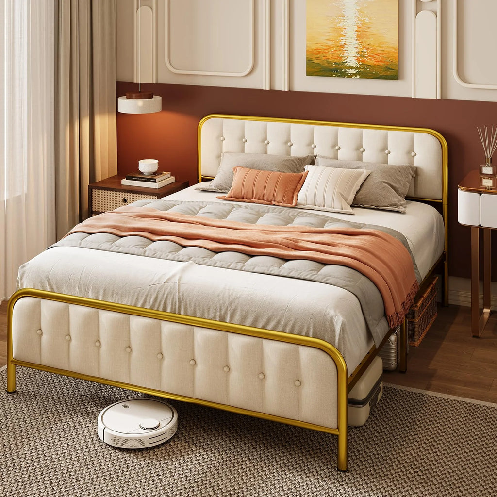 Beige Full Size Bed Frame with Headboard V299651