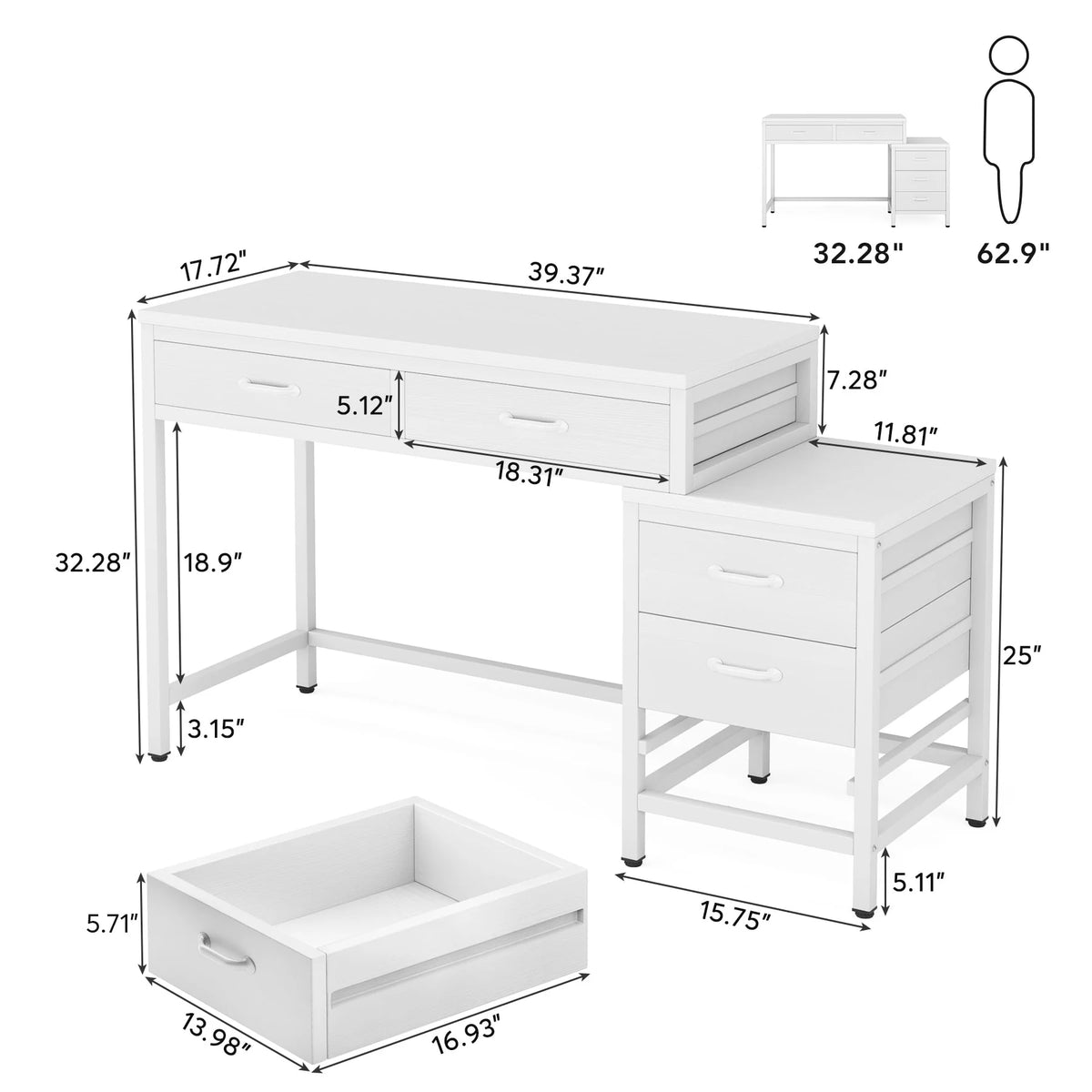 White 5 Drawers Computer Desk with Reversible Filing Cabinet X645940
