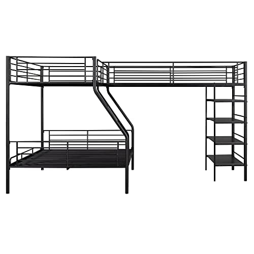 Black Metal Twin Size L-Shaped Loft Bed with Two Built-in Desks Q586033