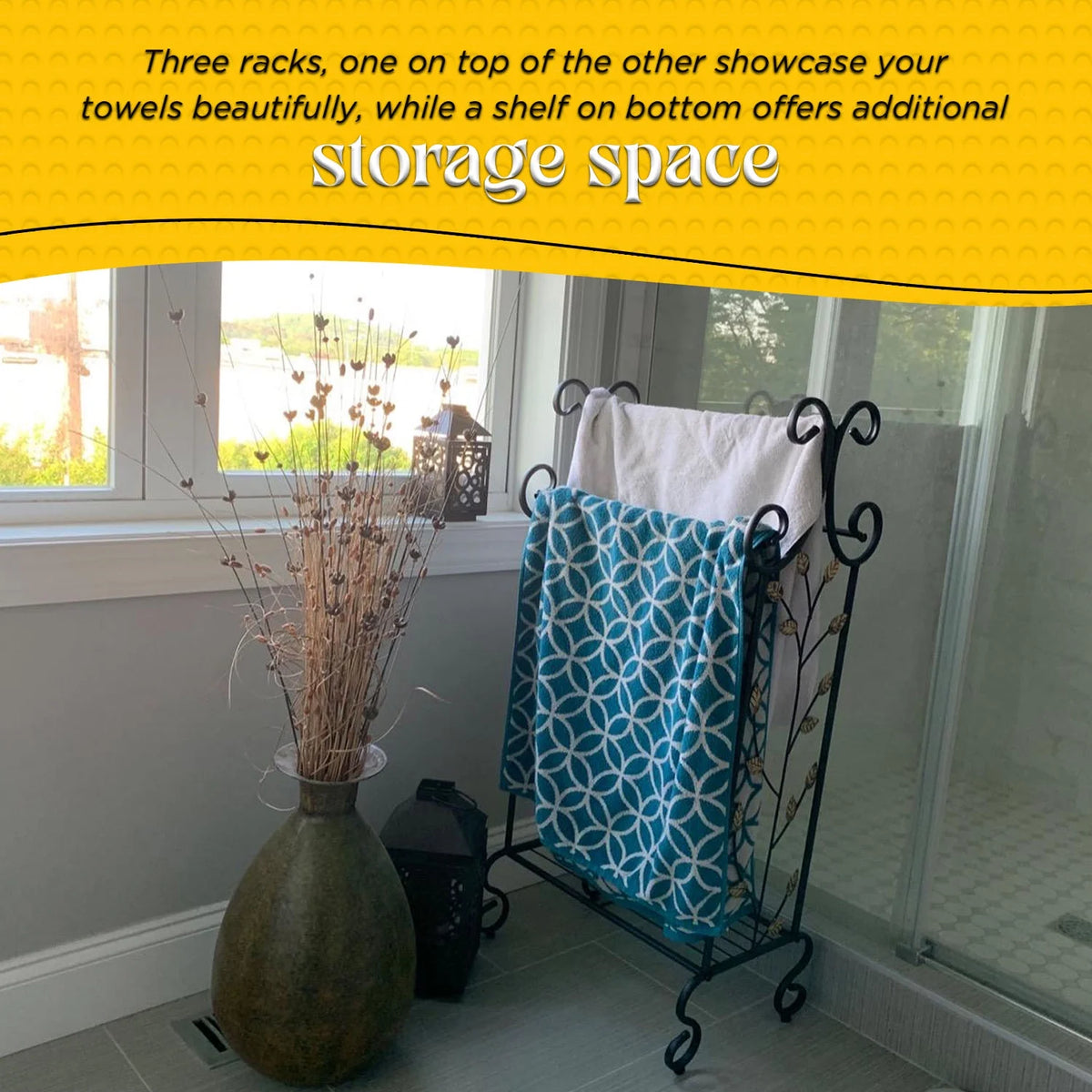 Black Metal Towel Rack Stand with Shelf H38023