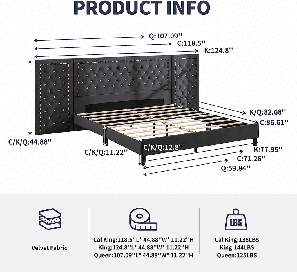 Dark Grey Velvet Upholstered Queen Size Bed Frame B363965