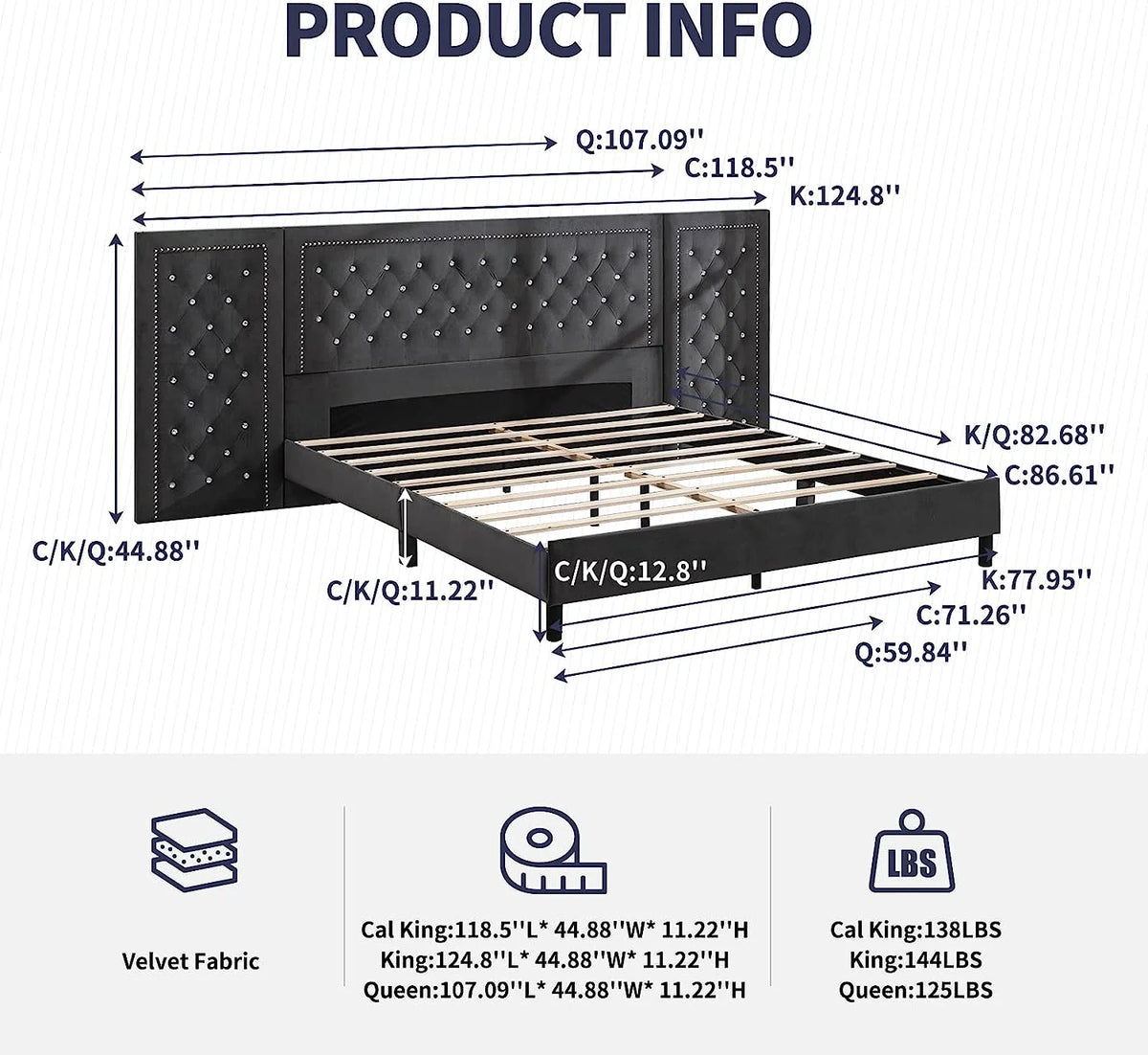 Dark Grey Velvet Upholstered Queen Size Bed Frame B363965