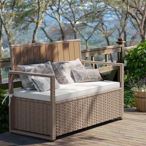 Black Beige 90 Gallon Outdoor Wicker Storage Bench with Cushion V2504