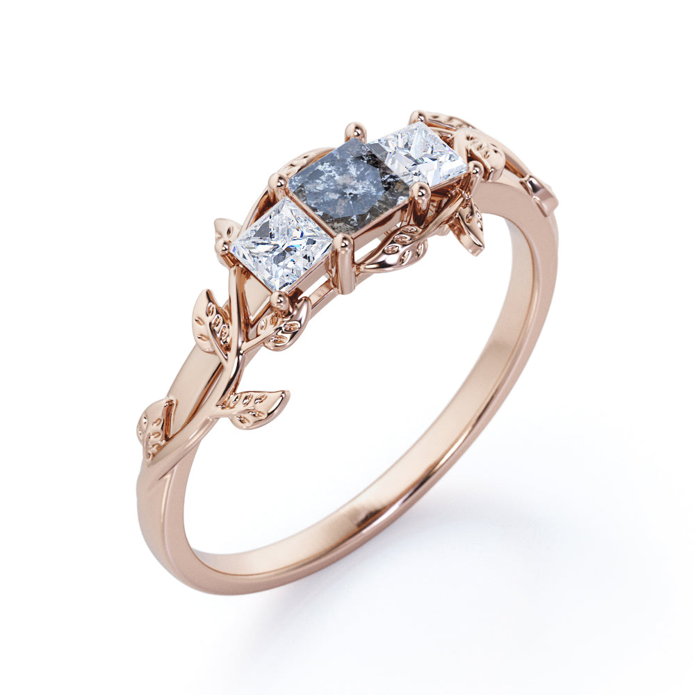 Triple Stone Engagement Ring with Salt and Pepper Diamond and Moissanite X7809