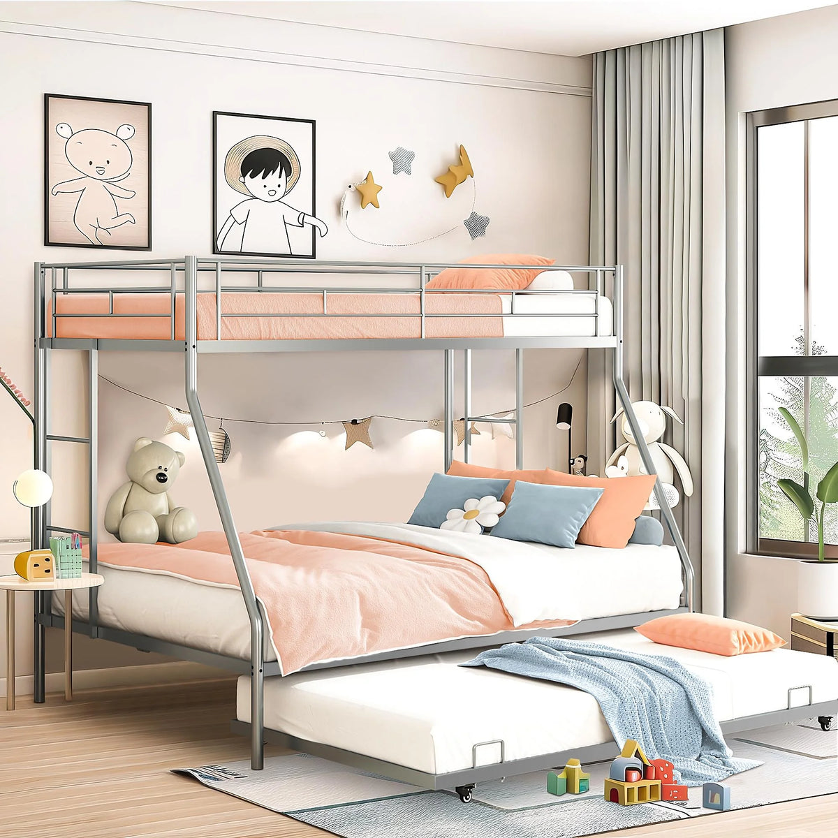 Black Metal Twin Over Twin Bunk Bed with Trundle D59553