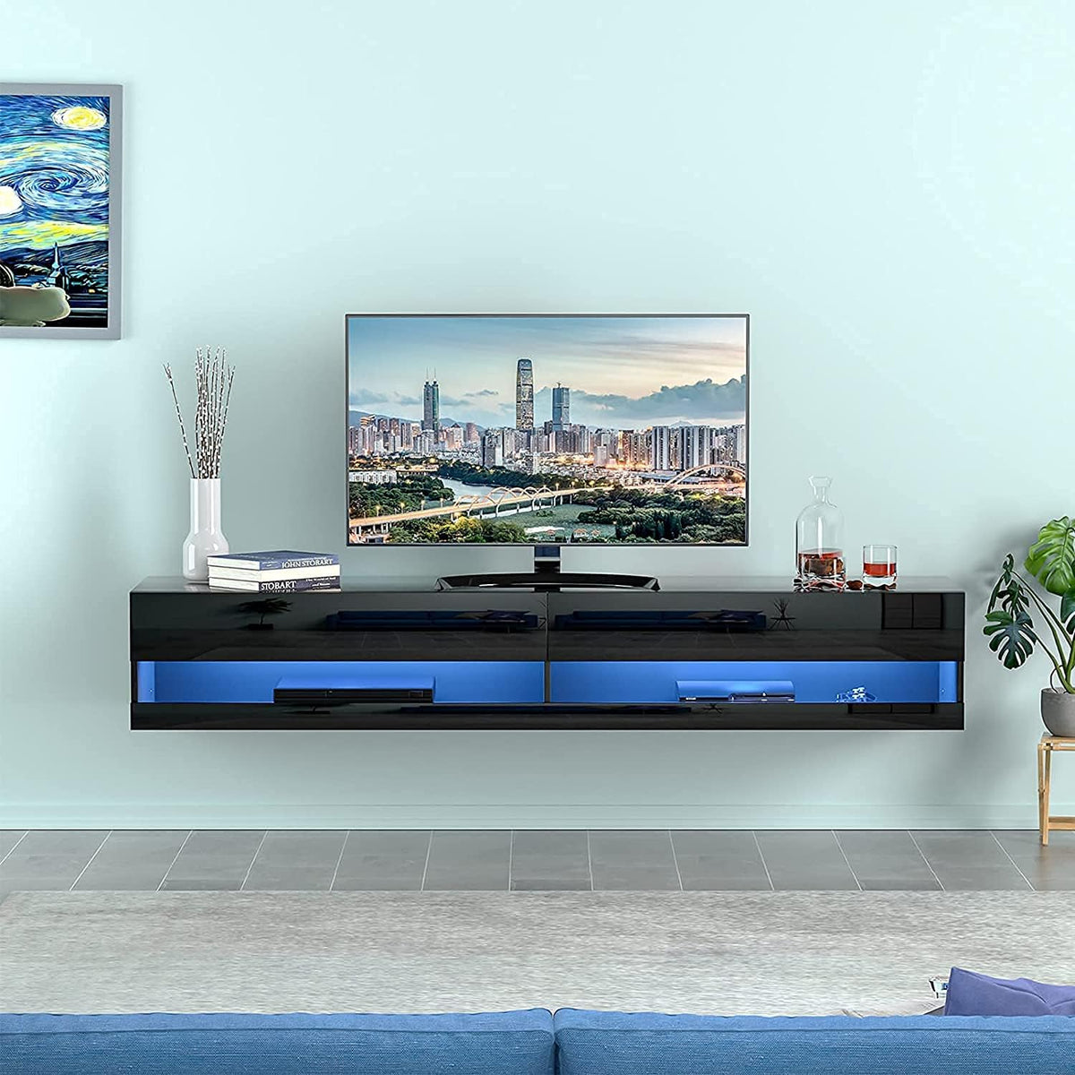 Wall Mounted LED Floating TV Stand with Cabinet and Cable Management for 80 Inch TV Y494